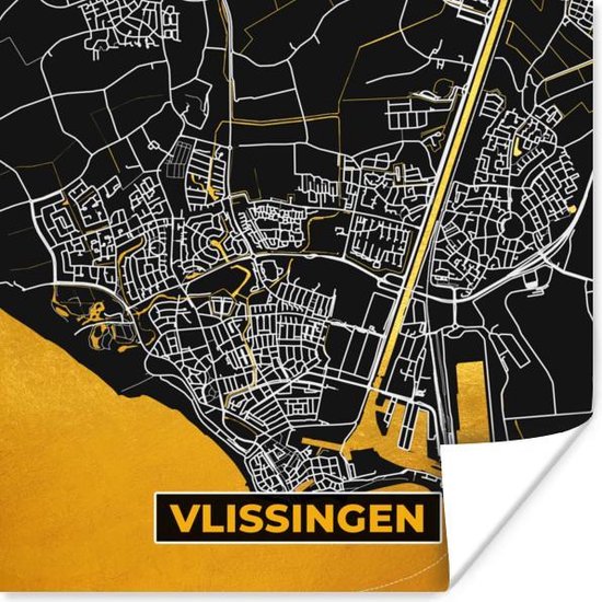 Poster Stadskaart - Vlissingen - Goud - Zwart - 30x30 cm - Plattegrond
