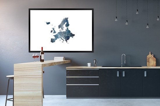 Fotolijst incl. Poster - Kaart Europa - Blauw - Aquarelverf - 120x80 cm - Posterlijst