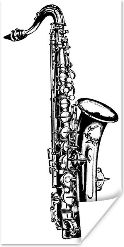 Poster Gedetailleerde Tekening Van Een Saxofoon In Zwart Wit 75x150 Cm