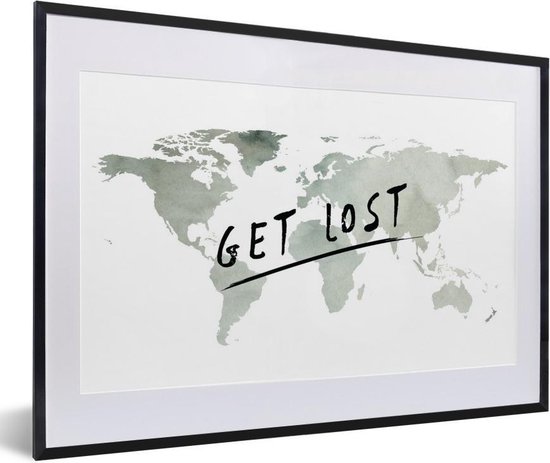 Affiche avec cadre Wereldkaart - Citation - Grijs - 60x40 cm