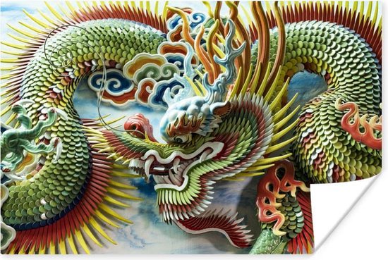 Poster Decoratie van gekleurde draken in een Chinese tempel - 30x20 cm