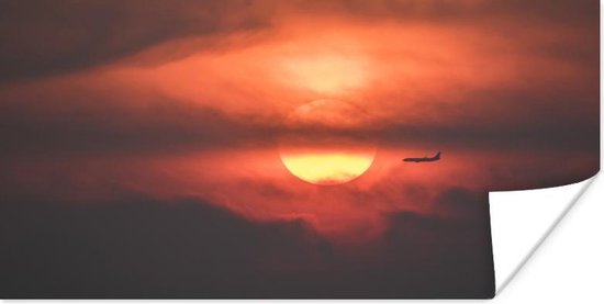 Poster Zonsondergang met silhouet van vliegtuig - 40x20 cm