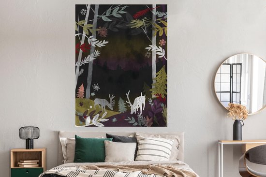 Poster Une illustration d'une forêt dans la nuit 120x160 cm - Tirage photo sur Poster (décoration murale salon / chambre) / Poster Arbres XXL / Groot format!