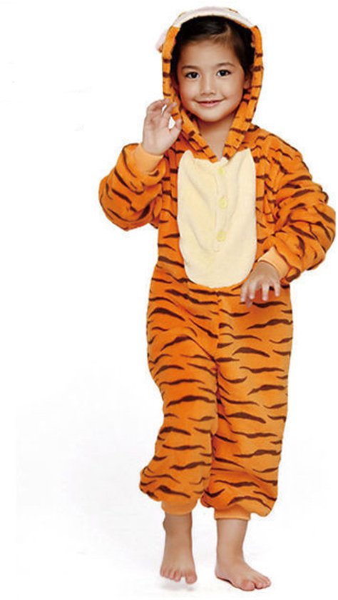 KIMU Onesie Tijgertje Pak Kostuum Oranje - Maat 110-116 - Tijger Tijgerpakje Pyjama Jumpsuit Kinder Pakje - Panter Luipaard Jongen Meisje Halloween