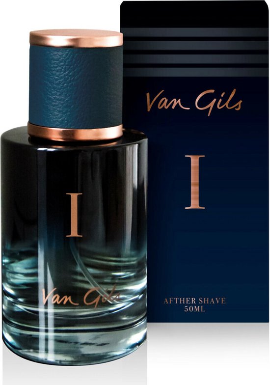 Donkerblauwe fles met gouden dop en doosje "Van Gils I Eau de Toilette".