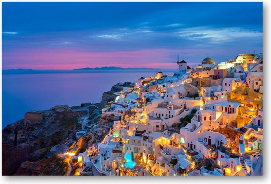 Oia met traditionele witte huizen en windmolens op het eiland Santorini, Griekenland in het blauwe avonduur - 90x60 Canvas Liggend - Landschap