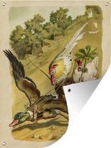 Tuin decoratie Vintage illustratie van een eend en kippen - 30x40 cm - Tuindoek - Buitenposter