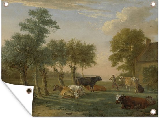 Tuinschilderij Koeien in de wei bij een boerderij - Schilderij van Paulus Potter - 80x60 cm - Tuinposter - Tuindoek - Buitenposter