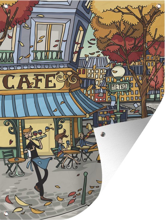 Tuinschilderij Parijs - Café - Herfst - 60x80 cm - Tuinposter - Tuindoek - Buitenposter