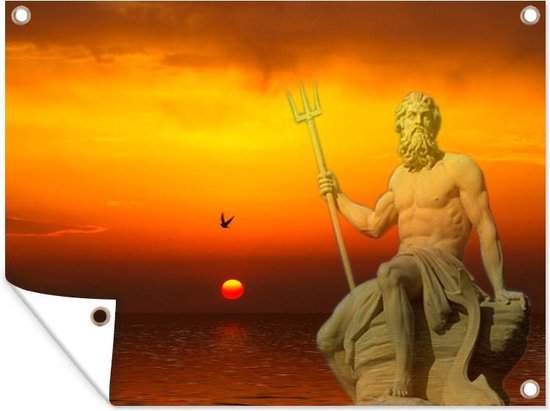 Foto: Tuinposter tuindoek tuinposters buiten het standbeeld van poseidon bij zonsondergang 120x90 cm tuin