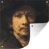 Affiche de jardin Rembrandt van Rijn (carré) - Autoportrait - Peinture de Rembrandt van Rijn affiche de jardin en vrac 100x100 cm - Toile de jardin / Toile d'extérieur / Peintures d'extérieur (décoration de jardin) XXL / Groot format!