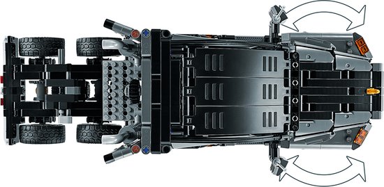 Bovenaanzicht van een LEGO Technic Mack truck met aanhanger, met draaiende wielen.
