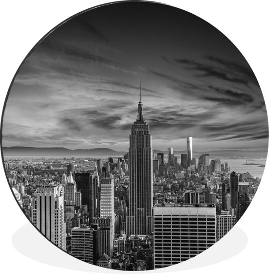 WallCircle - Wandcirkel - Muurcirkel - Bijzondere wolken in New York -zwart-wit - Aluminium - Dibond - ⌀ 60 cm - Binnen en Buiten