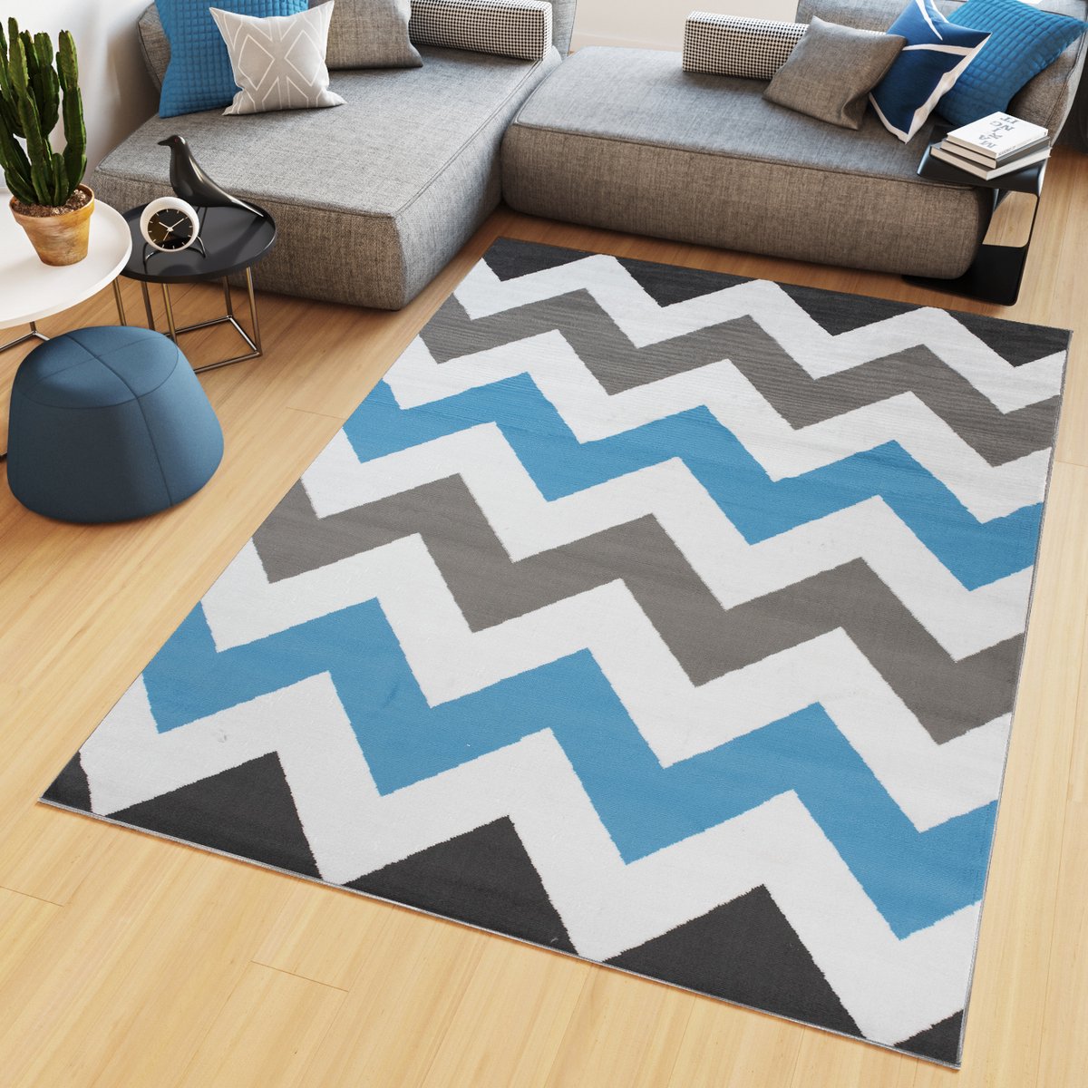 Tapiso Maya Vloerkleed Grijs Blauw Laagpolig Zigzag Tapijten Maat- 220x300