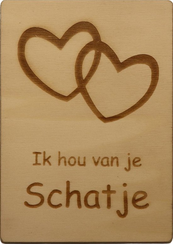 MemoryGift Houten Kaart A6 Ik hou van je Schatje (Hartjes)