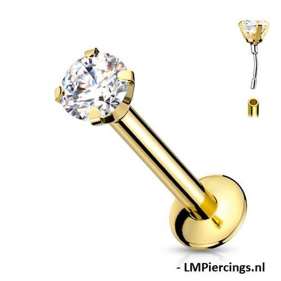 Foto: Piercing push in goud met witte cz ronde steen 1 2x6