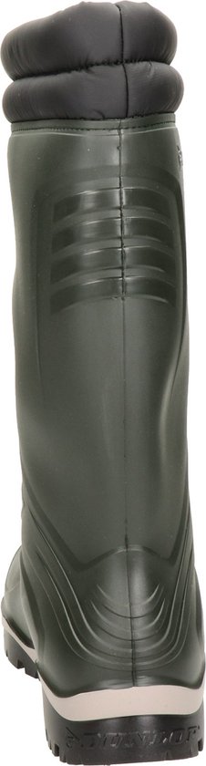 Achterkant van een groene Dunlop laars met zwarte voering en profielzool.