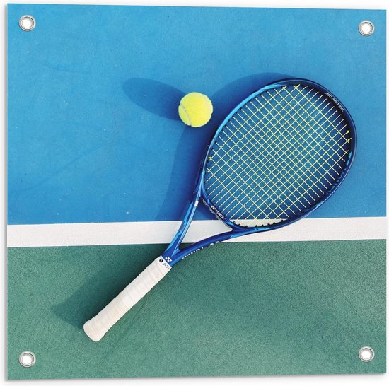 Tuinposter – Tennisracket met Tennisbal - 50x50cm Foto op Tuinposter  (wanddecoratie voor buiten en binnen)