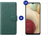 BixB Samsung A12 hoesje - Met 3x screenprotector / tempered glass - Book Case Wallet - Groen