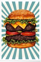 JUNIQE - Poster Double Cheeseburger -40x60 /Blauw & Bruin