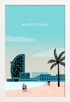 JUNIQE - Poster met houten lijst Barcelona - retro -13x18 /Turkoois