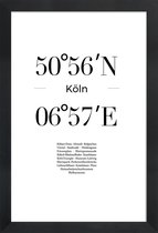 JUNIQE - Poster in houten lijst Coördinaten Keulen -30x45 /Wit & Zwart