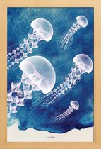 JUNIQE - Poster met houten lijst Jellyfish -13x18 /Blauw & Wit