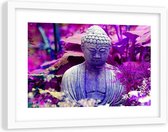 Foto in frame ,Boeddha Peinzend in bos , 120x80cm , Roze Grijs , Premium print