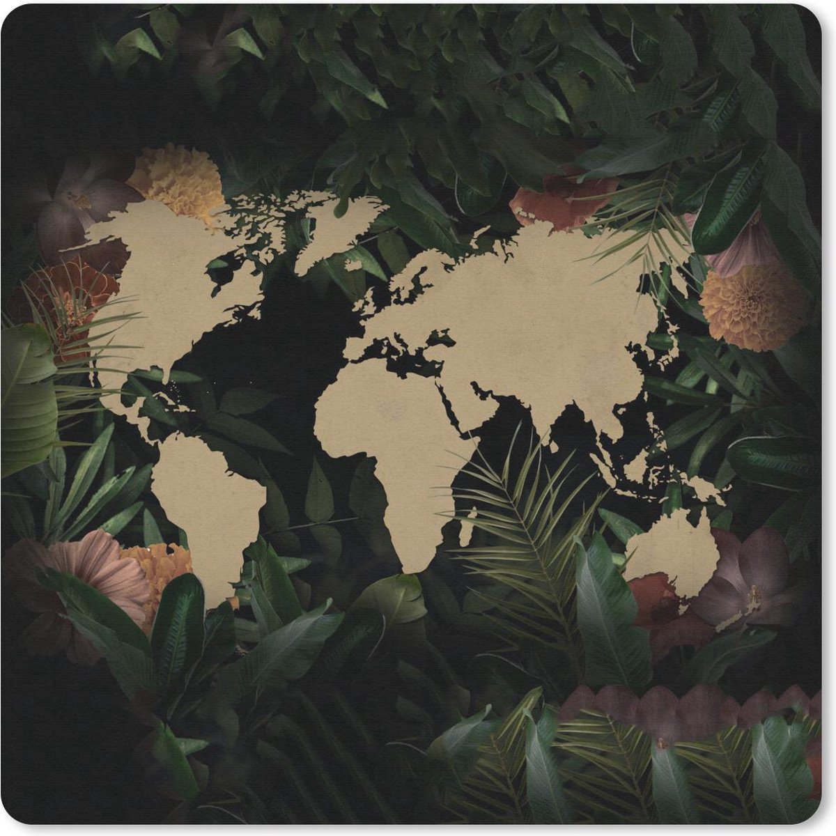 Muismat 30x30 cm - Mousepad Wereldkaart - Bloemen - Beige - Muismatten