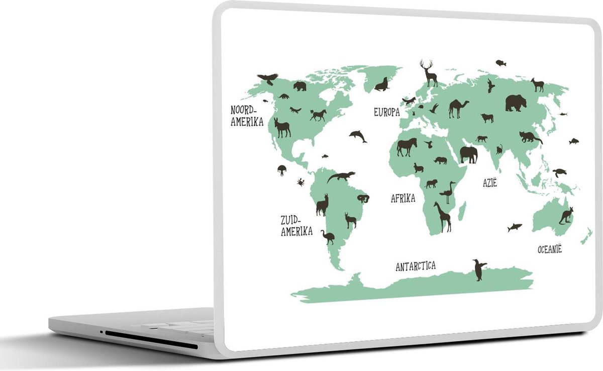 Laptop sticker - 10.1 inch - Wereldkaart kinderen - Dieren - Turquoise - 25x18cm - Laptopstickers - Laptop skin - Cover