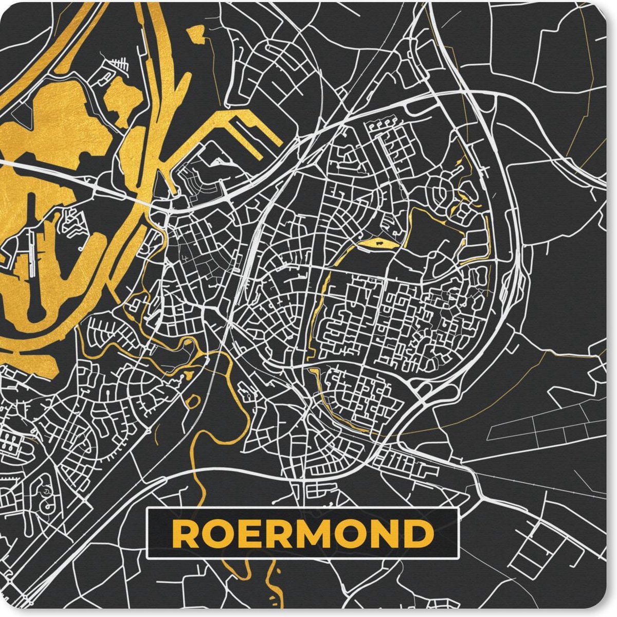 Muismat 30x30 cm - Mousepad Plattegrond - Roermond - Goud - Zwart - Muismatten - Stadskaart