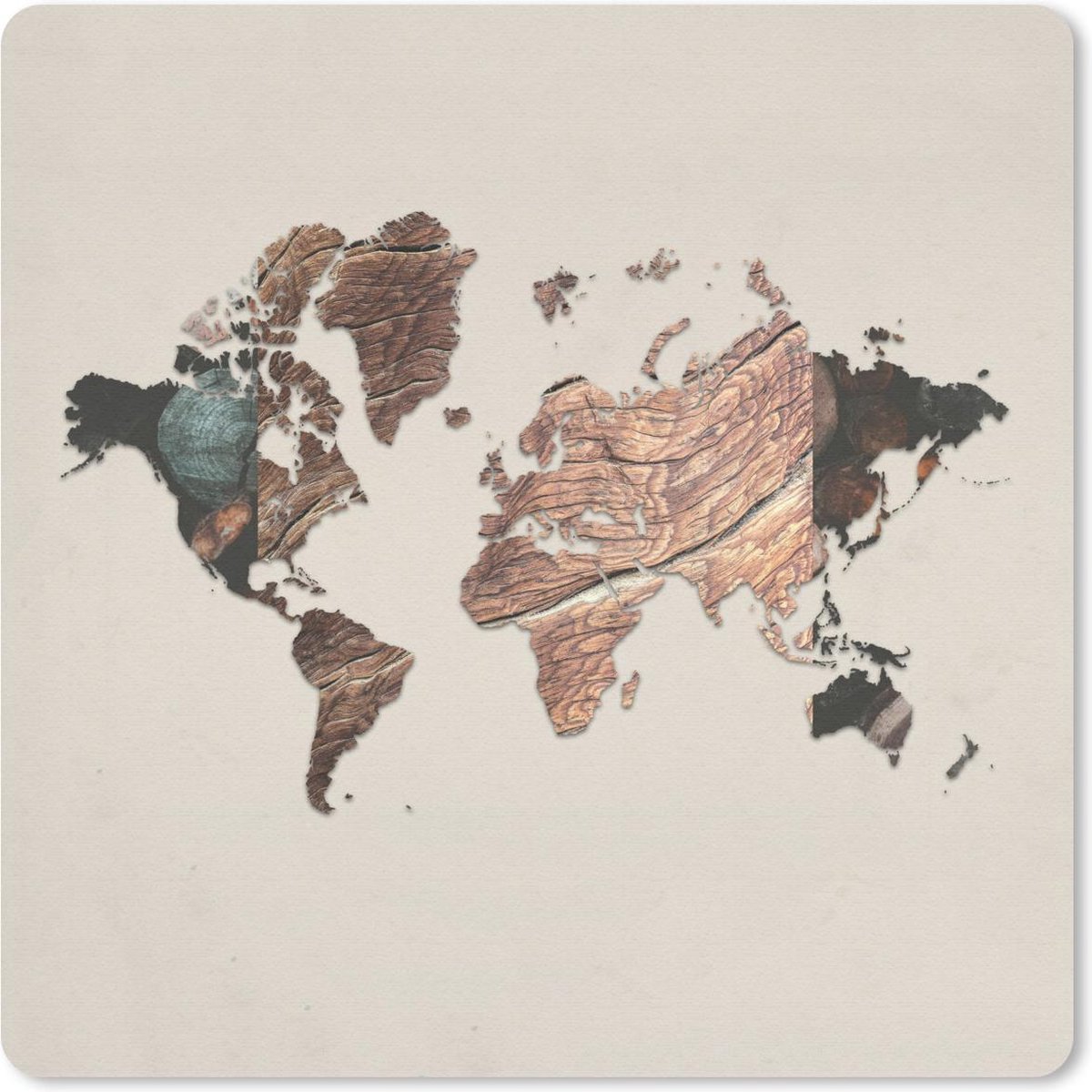 Muismat 20x20 cm - Mousepad Wereldkaart - Simpel - Hout - Muismatten