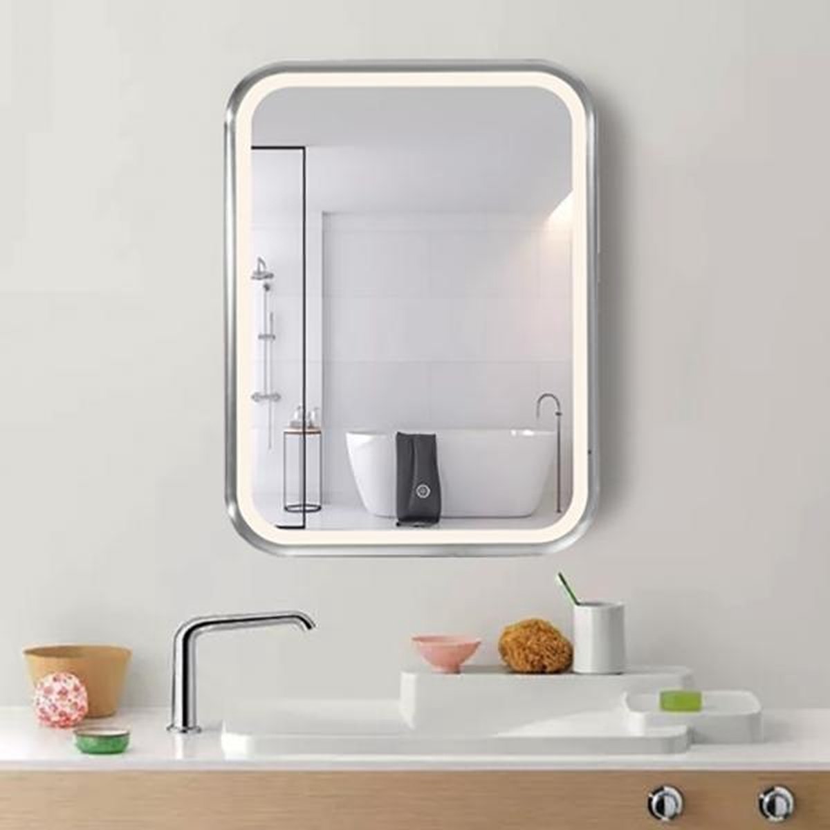 Rechthoekige LED Spiegel 35W 60x80cm + ALU Touch Switch voor Badkamer - Wit licht - Kunststof - Wit - SILUMEN