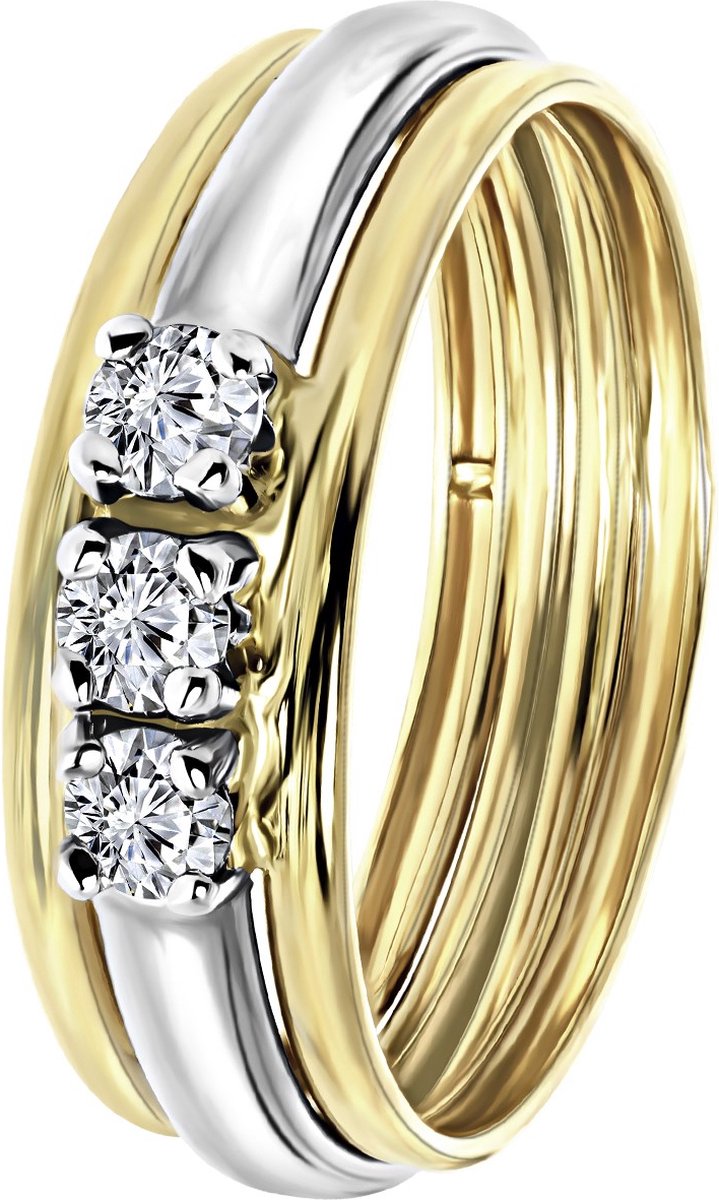 Lucardi Dames Ring bicolor met zirkonia - Ring - Cadeau voor vrouwen - 9 Karaat - Geelgoud en Witgoud op Prijzenvolger.com