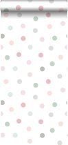 ESTAhome behang kleine stippen roze, groen en grijs - 139040 - 0.53 x 10.05 m