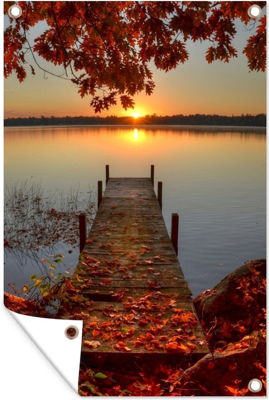 Tuinposter 60x90 cm - Tuindecoratie Zonsopgang bij het Pelican Lake - Poster voor in de tuin - Buiten decoratie - Schutting tuinschilderij - Tuindoek muurdecoratie - Wanddecoratie balkondoek