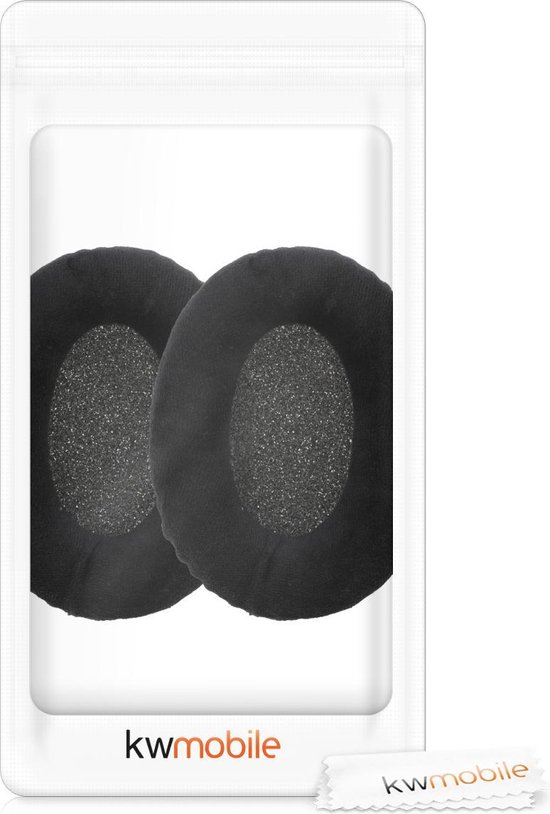 Twee zwarte fluwelen oorkussens voor Sennheiser HD 559/569/599, verpakt in een doorzichtige plastic verpakking met kwmobile logo.