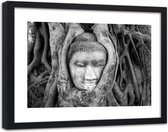 Foto in frame , Hoofd van Boeddha in een boom , 120x80cm , Zwart wit , Premium print
