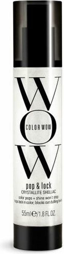 Een flesje Color Wow Pop & Lock Crystallite Shellac, 55 ml, met een zilveren glinsterende finish.