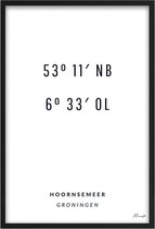 Poster Coördinaten Hoornsemeer - A3 - 30 x 40 cm - Inclusief lijst (Zwart MDF)