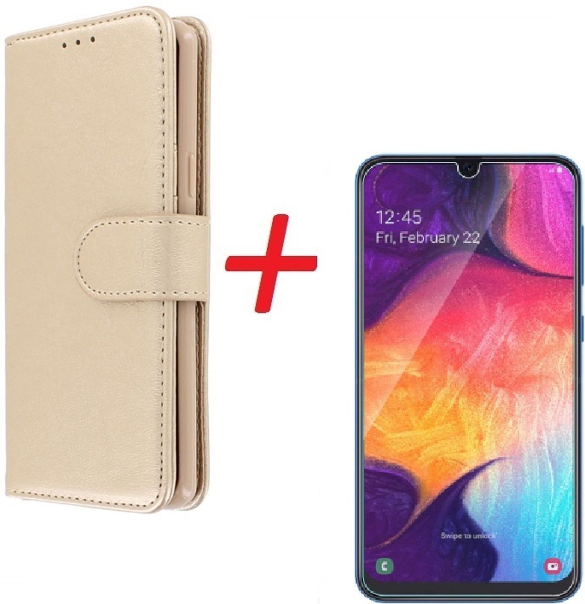 Ntech Hoesje Geschikt Voor Samsung Galaxy A70/A70s Portemonnee hoesje Goud Met Glazen screenprotector