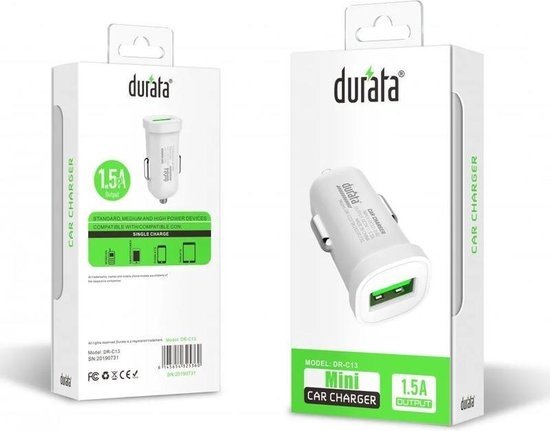 Durata Single USB Car Adapter 1.5A (DR-C13) Autolader met Lightning kabel voor iPhone 11 / Pro / Max / X / Xs/ XR / MAX / 8 / 8 Plus / SE / 2020 / 5S / 5 / 5C / 6S / 6 Plus / 7 / 7 Plus