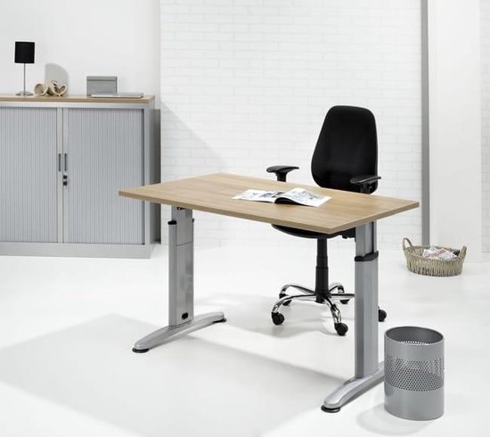 Hoogte verstelbaar bureau T- Poot Work breed 80CM diep 60CM bladkleur Halifax Eiken framekleur Aluminium (RAL9006)