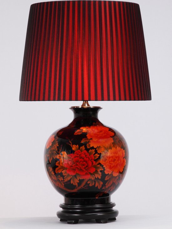 Fine Asianliving Chinese Tafellamp Porselein Rode Pioenen Zwart
