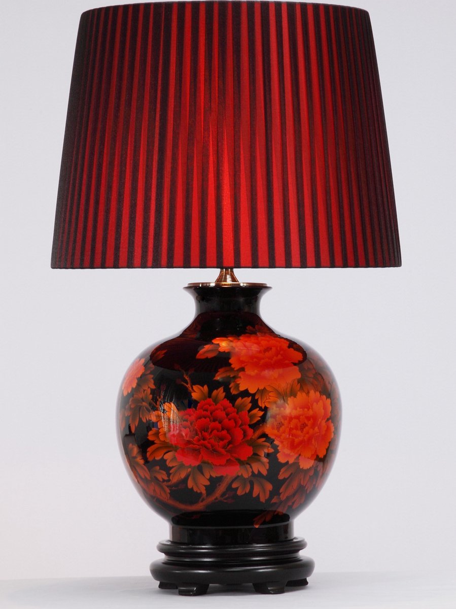 Fine Asianliving Chinese Tafellamp Porselein Rode Pioenen Zwart
