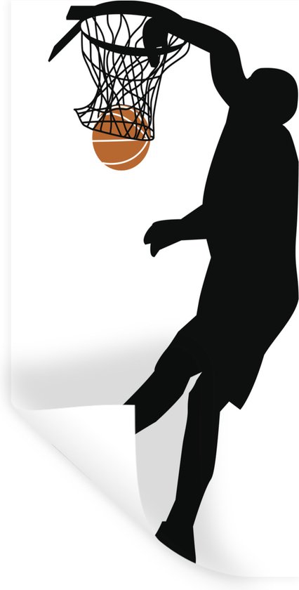 Muurstickers - Sticker Folie - Een illustratie van een basketballend silhouet die de bal dunkt - 20x40 cm - Plakfolie - Muurstickers Kinderkamer - Zelfklevend Behang - Zelfklevend behangpapier - Stickerfolie