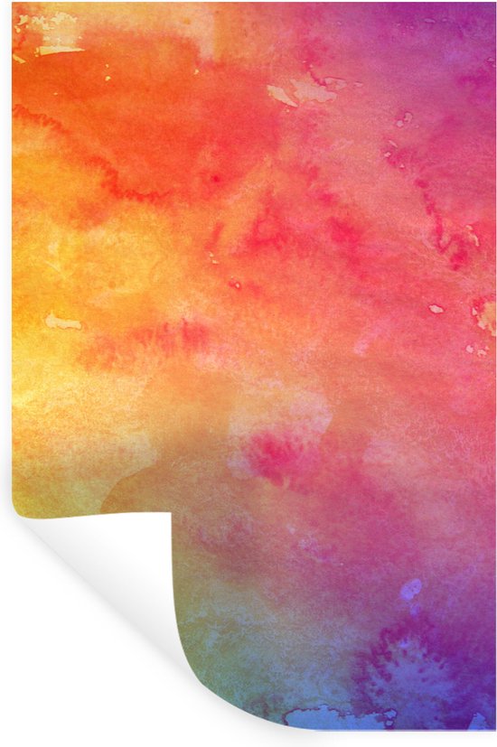 Muursticker Aquarelle Abstraite - Oeuvre abstraite réalisée à l'aquarelle avec des taches jaunes et violettes - 20x30 cm - film adhésif autocollant - sticker mural repositionnable