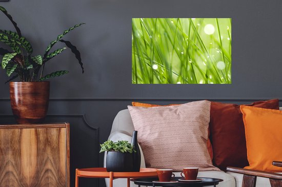 Sticker Muursticker Rosée précoce - Rosée précoce sur brins d'herbe - 60x40 cm - film adhésif autocollant - sticker mural repositionnable