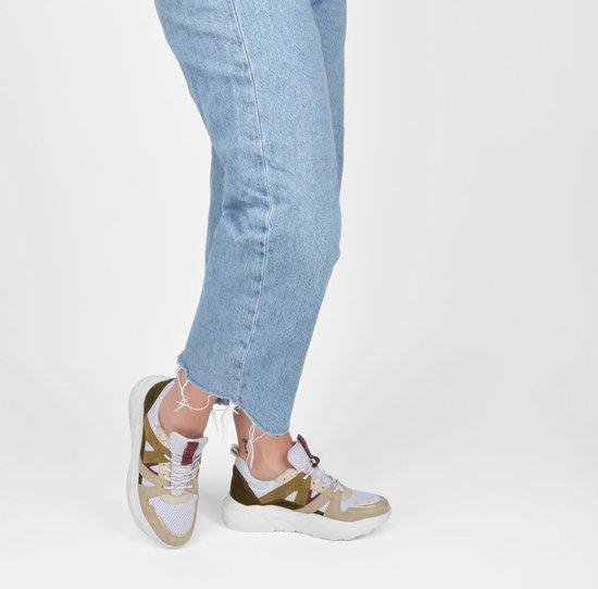 PS Poelman Year Dames Leren Chunky Runner Sneaker van Mesh en Suéde – Beige Kaki Groen – Maat 38