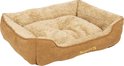Bruine hondenmand met beige pluche voering en opstaande rand.